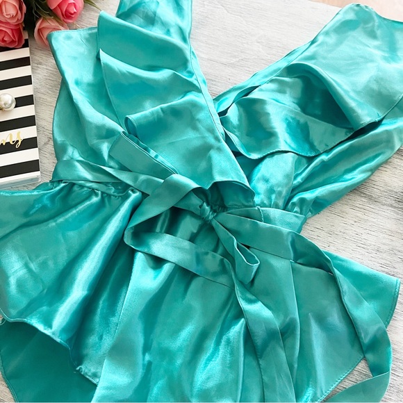 Vintage Victoria's Secret teal satin ruffle cinched waist bodysuit size medium - Picture 8 of 16